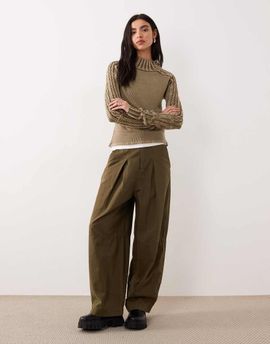 Free People Free People breezy high neck rib knit long sleeve sweater in khaki-green fossil dune