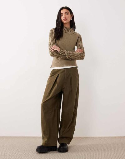 Free People Free People breezy high neck rib knit long sleeve sweater in khaki-green fossil dune