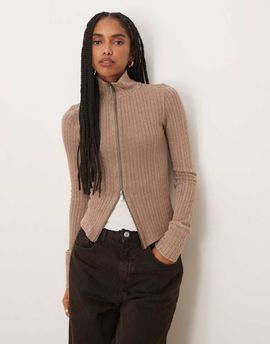 Free People Free People brunch girl long sleeve zip up cardigan in dusted cocoa-Brown