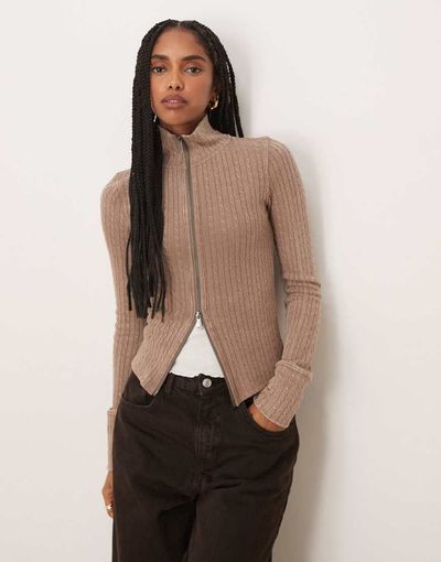 Free People Free People brunch girl long sleeve zip up cardigan in dusted cocoa-Brown