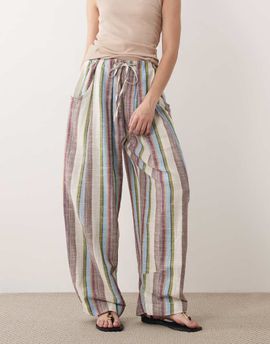 Free People Free People chambers laid back pull on pants in ivory combo stripe-White
