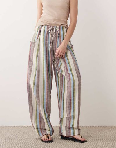 Free People Free People chambers laid back pull on pants in ivory combo stripe-White