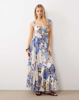 Free People Free People corset style drop waist maxi dress in blue white floral-Multi