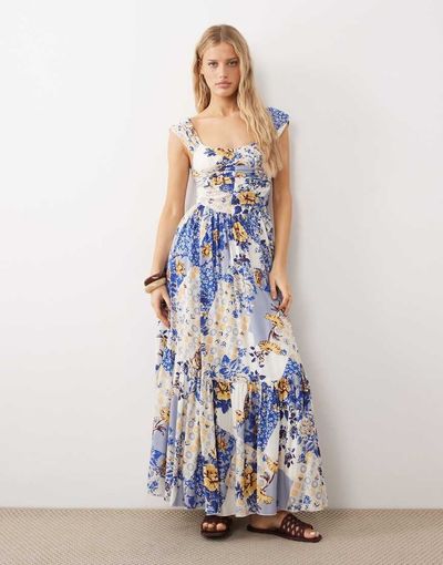 Free People Free People corset style drop waist maxi dress in blue white floral-Multi