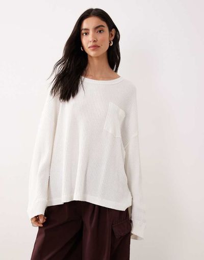 Free People Free People dawson pocket detail waffle knit top in clean ivory-White