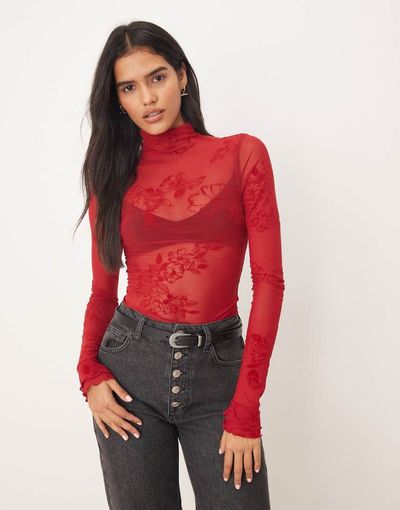Free People Free People filigree high neck long sleeve mesh top in deep cherry-Red
