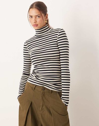 Free People Free People Good Good high turtleneck long sleeve top in black stripe-Brown