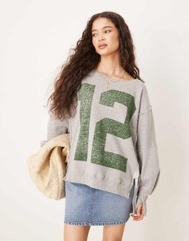 Free People Free People graphic print oversized sweater in gray and green