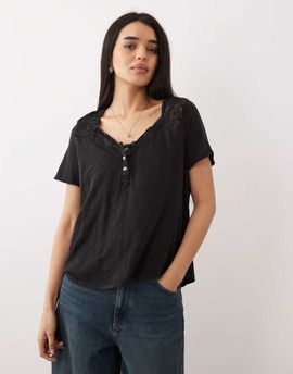 Free People Free People heirloom henley neck button up tee in black