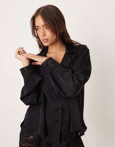 Free People Free People Intimately FP midnight muse satin sleep shirt in black - part of a set