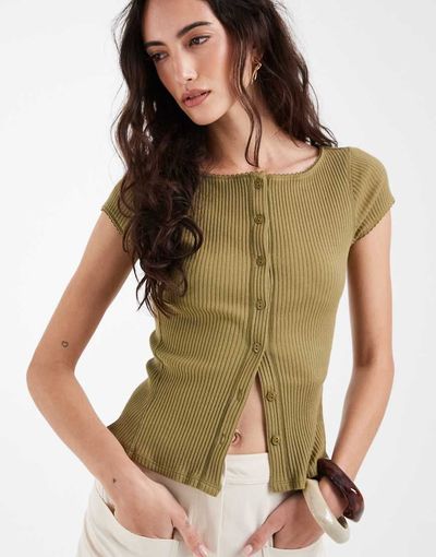 Free People Free People Intimately FP most wanted rib knit button down cardigan top in green