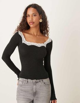 Free People Free People lace trim long sleeve top in black
