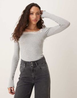 Free People Free People lace trim long sleeve top in gray