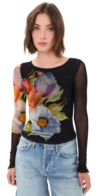 Free People Free People Lilly Printed Long Sleeve Tee Black Combo