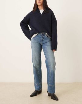 Free People Free People Risk Taker mid rise straight jeans in blue-Red