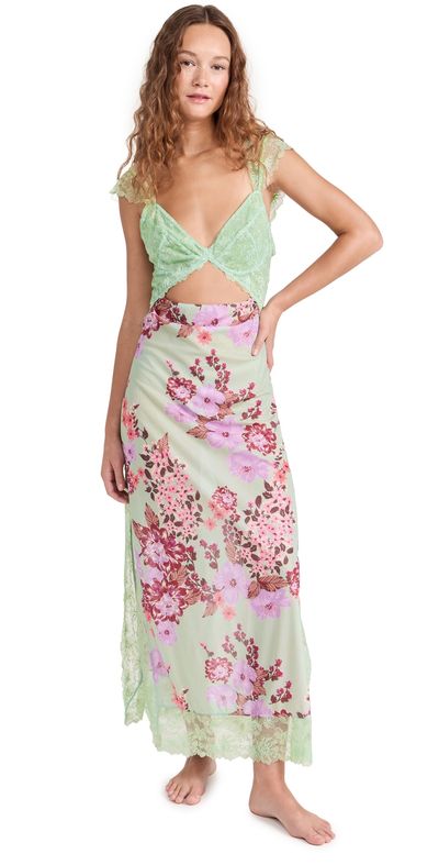 Free People - Suddenly Fine Maxi Slip Dress Sage Combo M