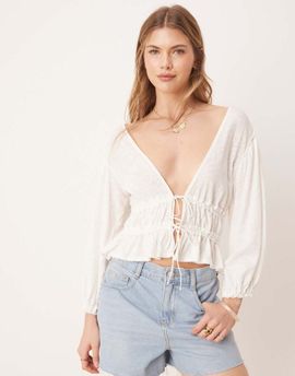 Free People Free People tie-front jersey blouse in ivory-White