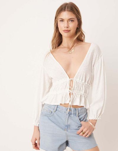Free People Free People tie-front jersey blouse in ivory-White