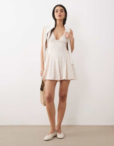 Free People Free People v-neck corset style mini dress in beige-White