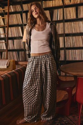 Free People Late Checkout Flannel Wide-Leg PJ Pants