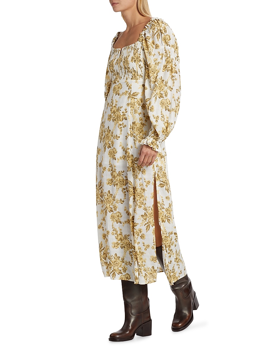 pink midi dress designer Pink Floral Long Sleeve Midi Dress Grey Pink / M