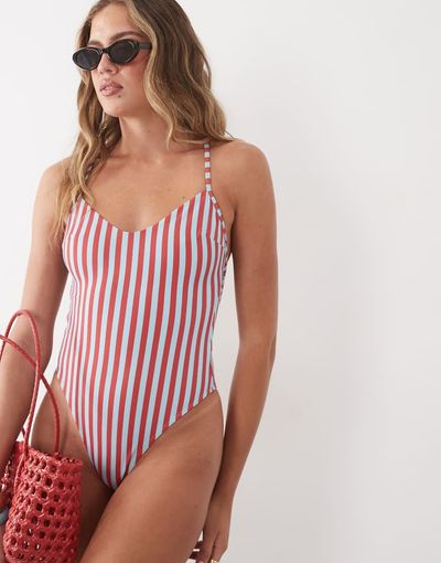 Free Society Free Society deckchair striped one-piece swimsuit in blue and red-Multi