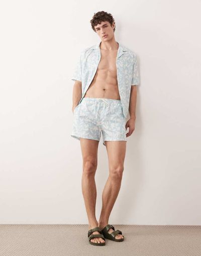 Free Society Free Society leaf print swim shorts in vintage blue