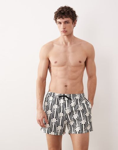 Free Society Free Society palm tree swim shorts in monochrome-Black