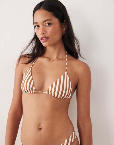 Free Society Free Society triangle bikini top in toffee stripe-Brown