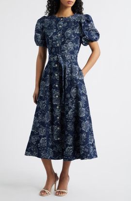FREEMARKET FREEMARKET Belted Puff Sleeve Denim Dress
