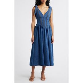 FREEMARKET FREEMARKET Plunge Neck Tie Shoulder Denim Midi Dress 