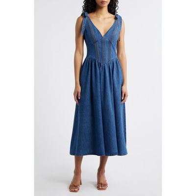 FREEMARKET FREEMARKET Plunge Neck Tie Shoulder Denim Midi Dress 