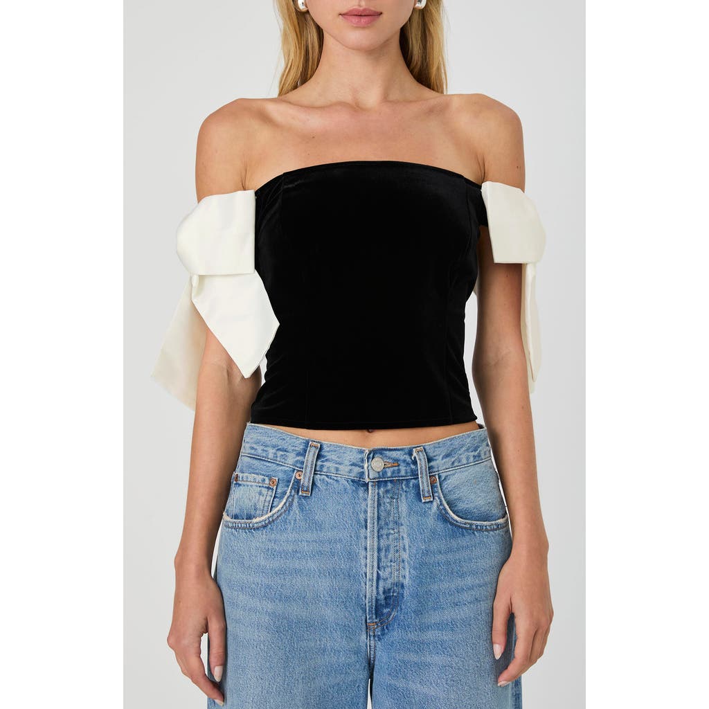 French Connection French Connection Carey Satin Bow Detail Off the Shoulder Velvet Crop Top