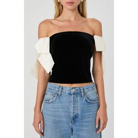 French Connection French Connection Carey Satin Bow Detail Off the Shoulder Velvet Crop Top