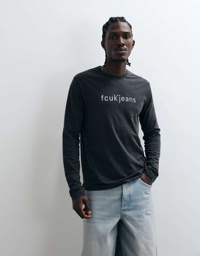 French Connection French Connection 'FCUK jeans' text logo long sleeve t-shirt in charcoal-Gray