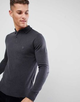 French Connection French Connection Fine Gauge Long Sleeve Polo-Gray