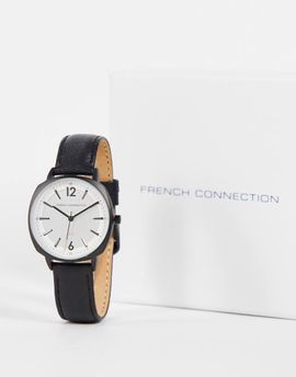 French Connection French Connection large dial watch with leather strap in black