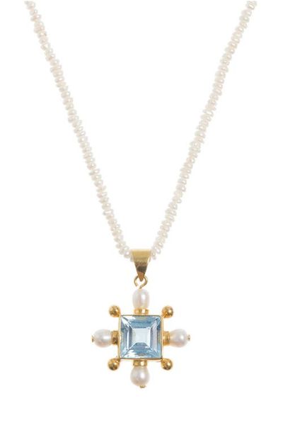 Freya Rose Freya Rose Seed Pearl Necklace with Blue Topaz Cross Pendant