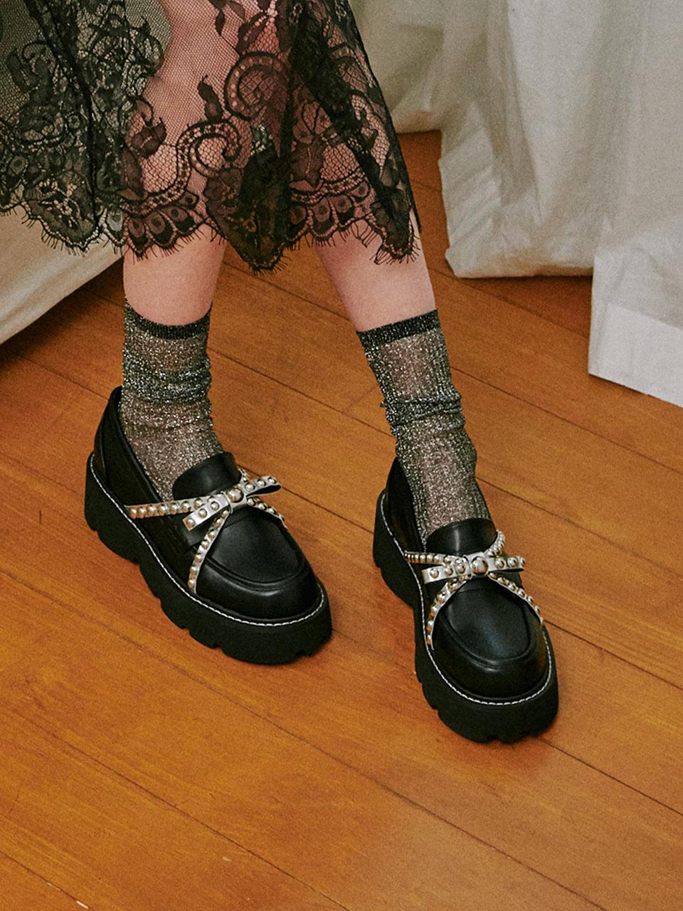 fri fla Studded Ribbon Platform Loafer [Black] (ljh7092)