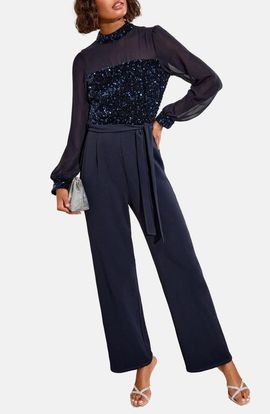 Friends Like These Friends Like These Sequin Mixed Media Long Sleeve Jumpsuit
