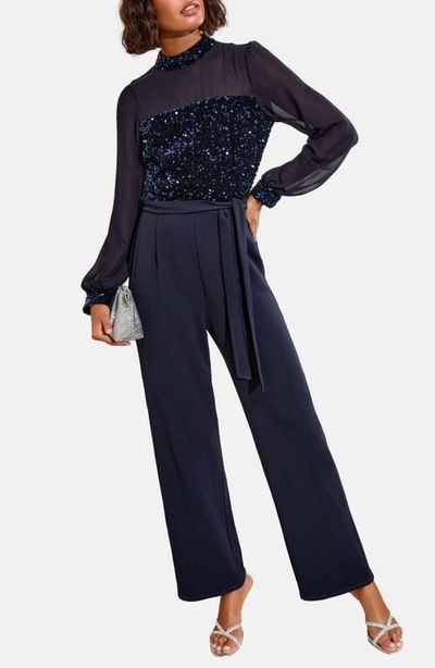 Friends Like These Friends Like These Sequin Mixed Media Long Sleeve Jumpsuit