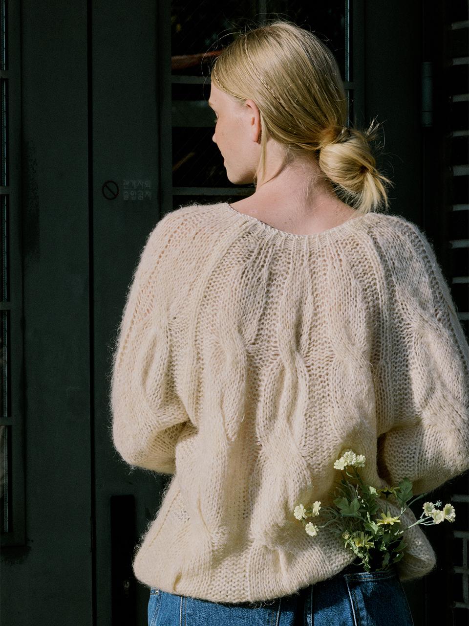 FRITUR Soft Cable Knit Mohair Wool Sweater [Brown/Ivory] (F243KN01)