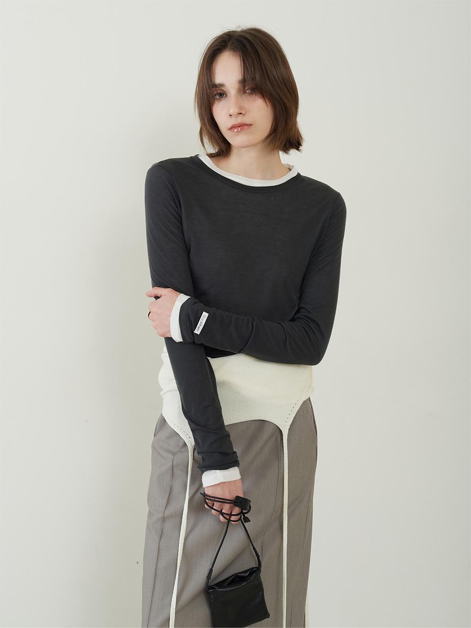 fromwhere Daily Long-Sleeve Round T-Shirts [Charcoal]