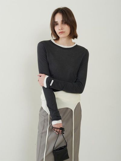 fromwhere Daily Long-Sleeve Round T-Shirts [Charcoal]