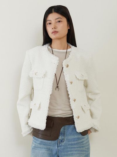 fromwhere Fringe Tweed Crop Structured Jacket_2colors