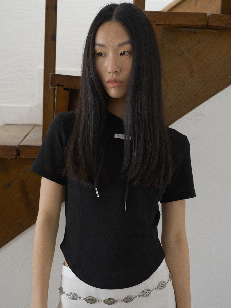 fromwhere LINE HOODY HALF T-SHIRT [BLACK]