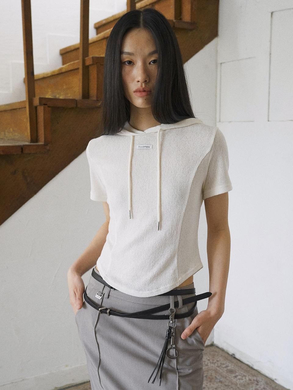 fromwhere LINE HOODY HALF T-SHIRT [CREAM]