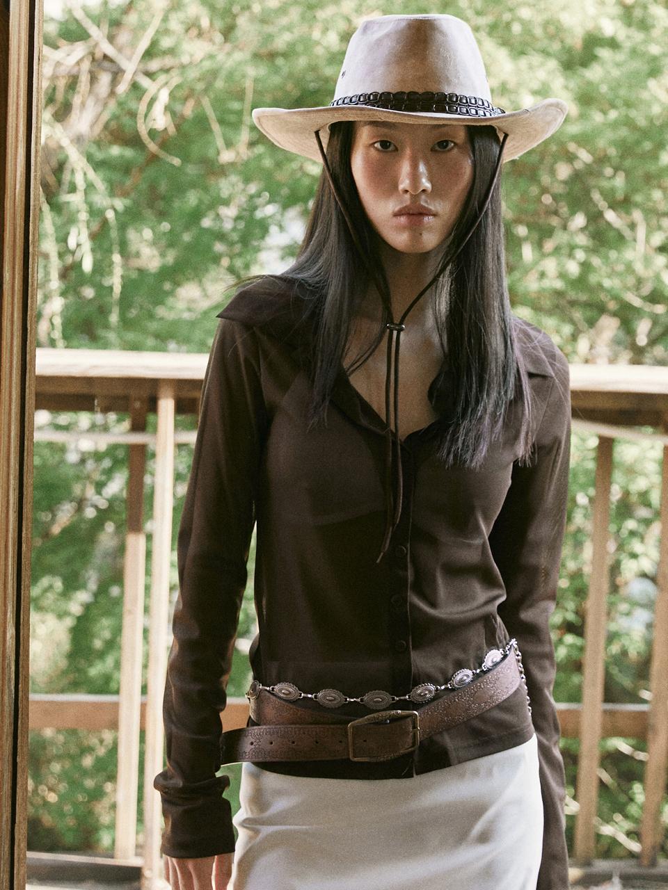 fromwhere MESH COLLAR BUTTON TOP [BROWN]