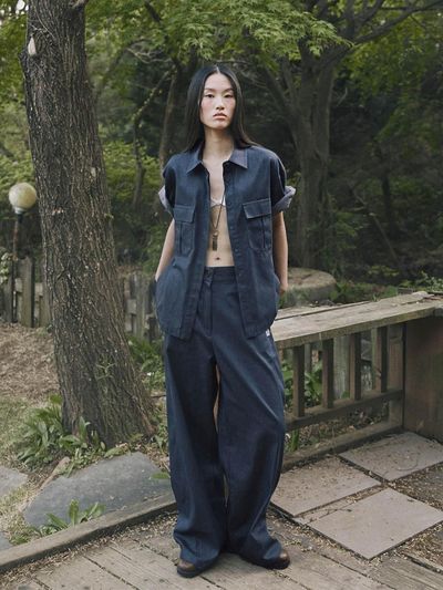 fromwhere POINT LINE COTTON DENIM PANTS [D/BLUE]