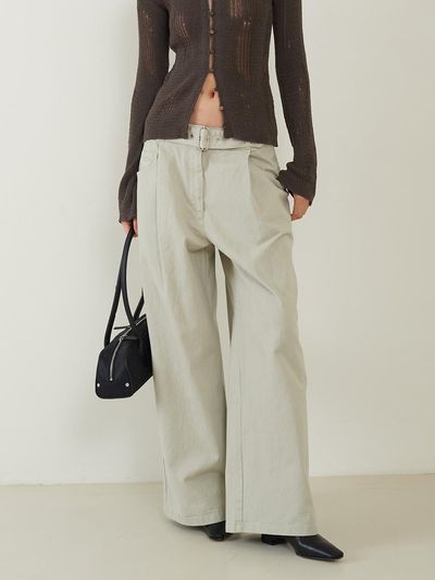 fromwhere Vintage Washed Belted Wide Pants [Beige]